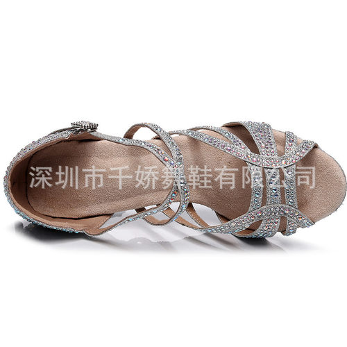 2026新款跨境女式高跟鞋贴钻跳舞鞋烫钻salsa拉丁舞蹈鞋中跟