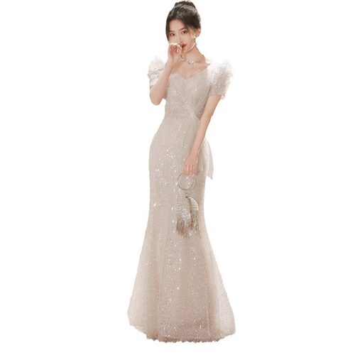 2026新款晚礼服鱼尾裙女轻奢小众婚纱法式长款主持人亮片走秀礼服