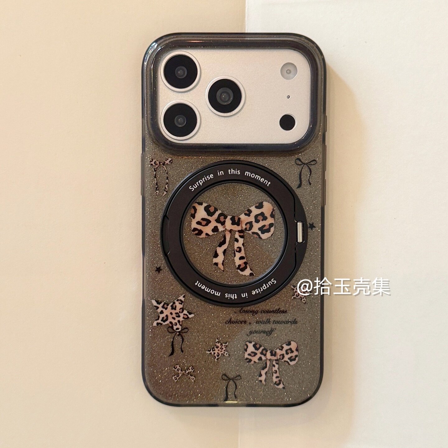 苹果闪粉豹纹蝴蝶结支架防摔壳女