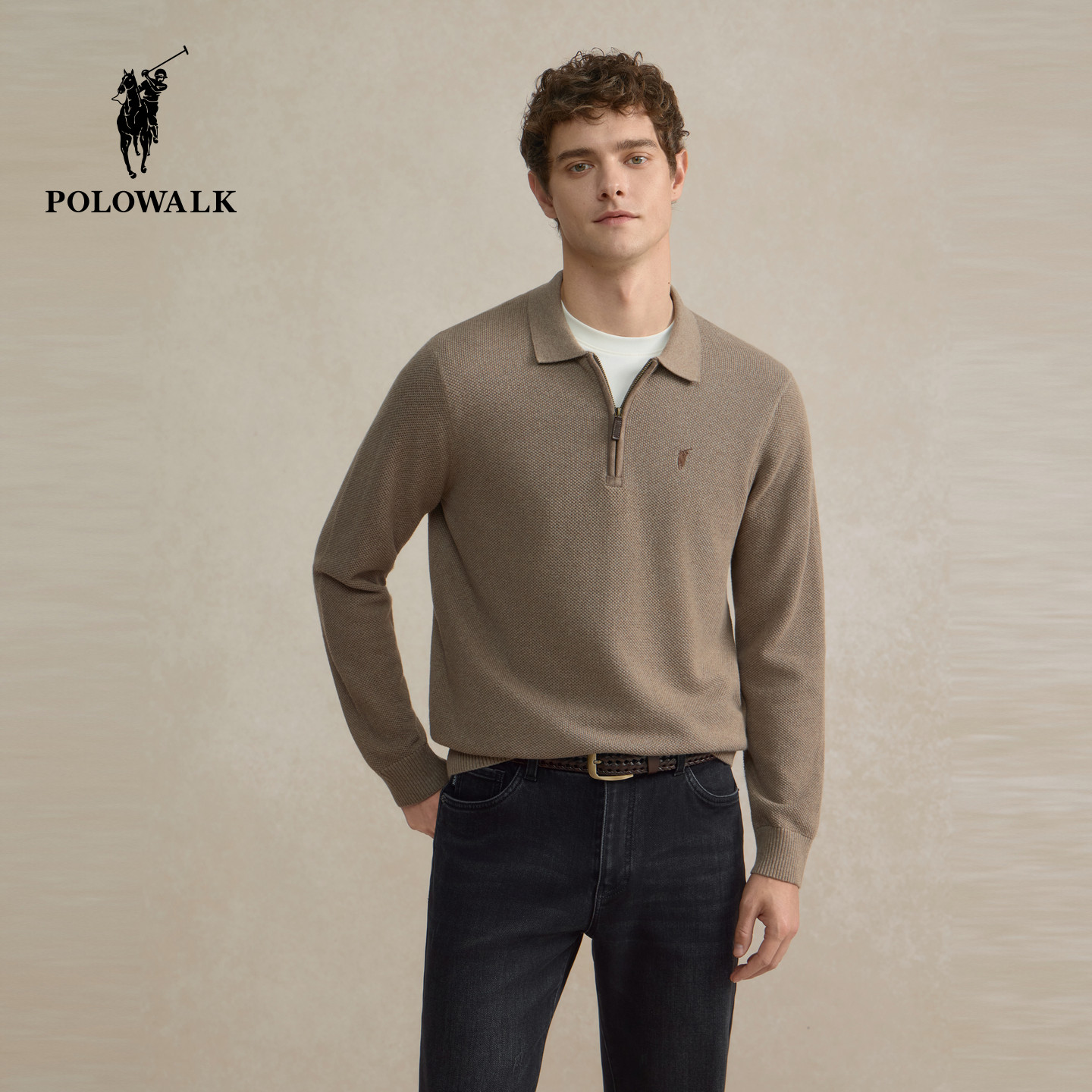 【100%棉】POLOWALK男装针织衫秋季新品商务百搭男式翻领针织衫