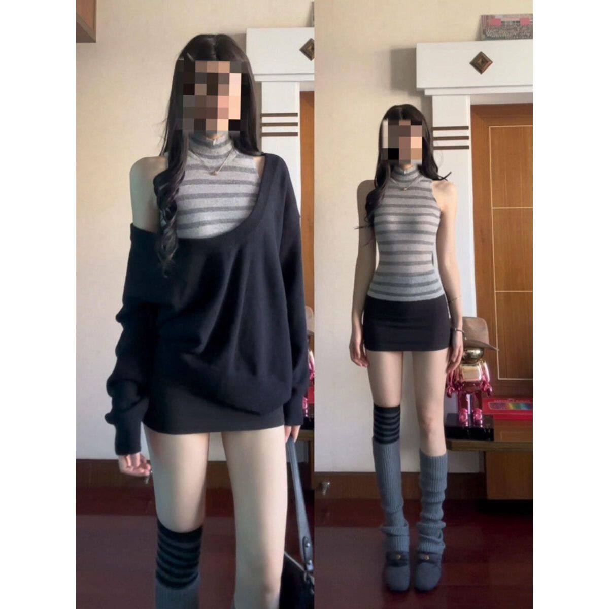 鬼马少女韩系条纹背心+长袖卫衣+半身裙三件套小众简约通勤气质