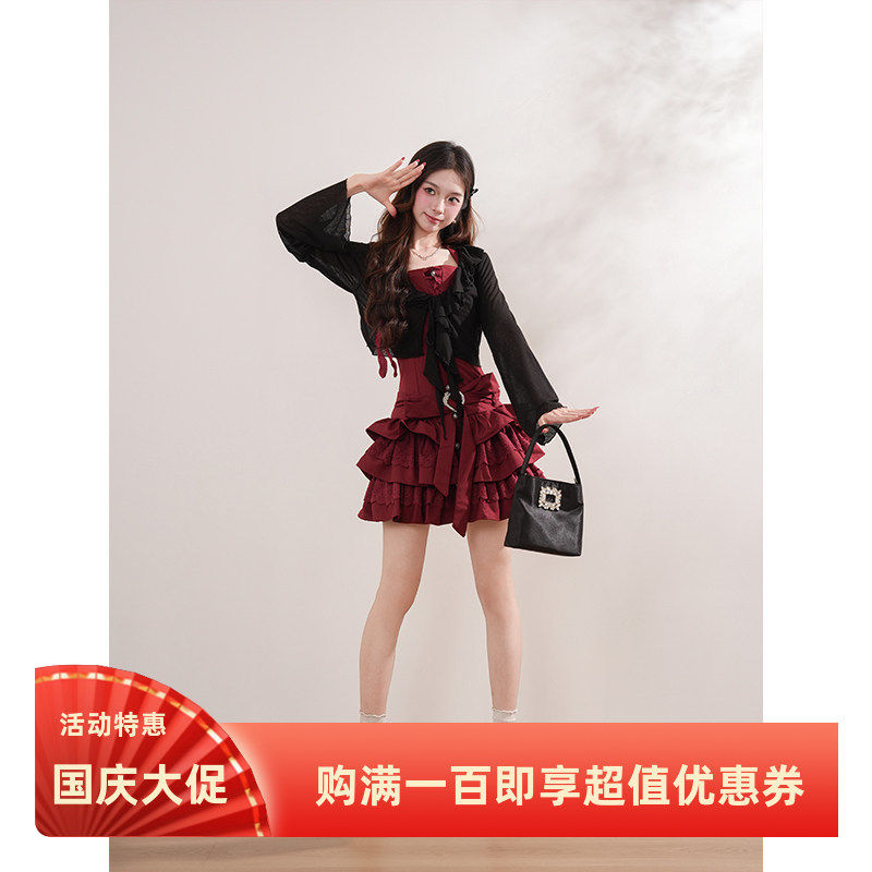 【玫瑰花信】针织开衫收腰花边堆叠连衣裙红黑撞色显瘦气质套装裙