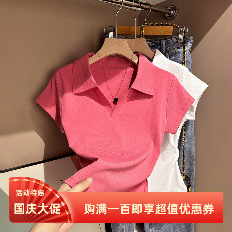 自拍-短袖T恤夏季新款白色polo领翻领上衣短款收腰修生休闲设计感