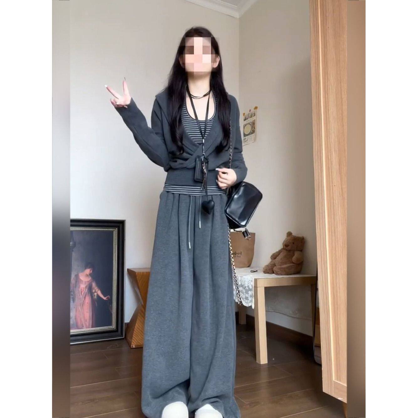 韩系休闲高智感条纹背心+上衣+长裤套装早秋简约百搭时尚套装