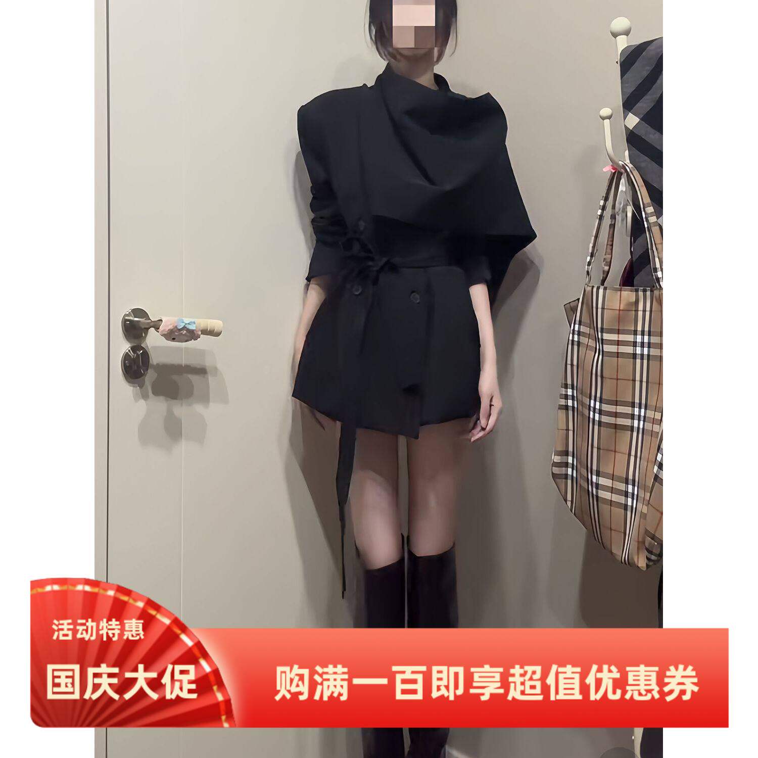 短款黑武士黑色廓形围巾短款风衣女秋冬设计感修身显瘦披肩外套