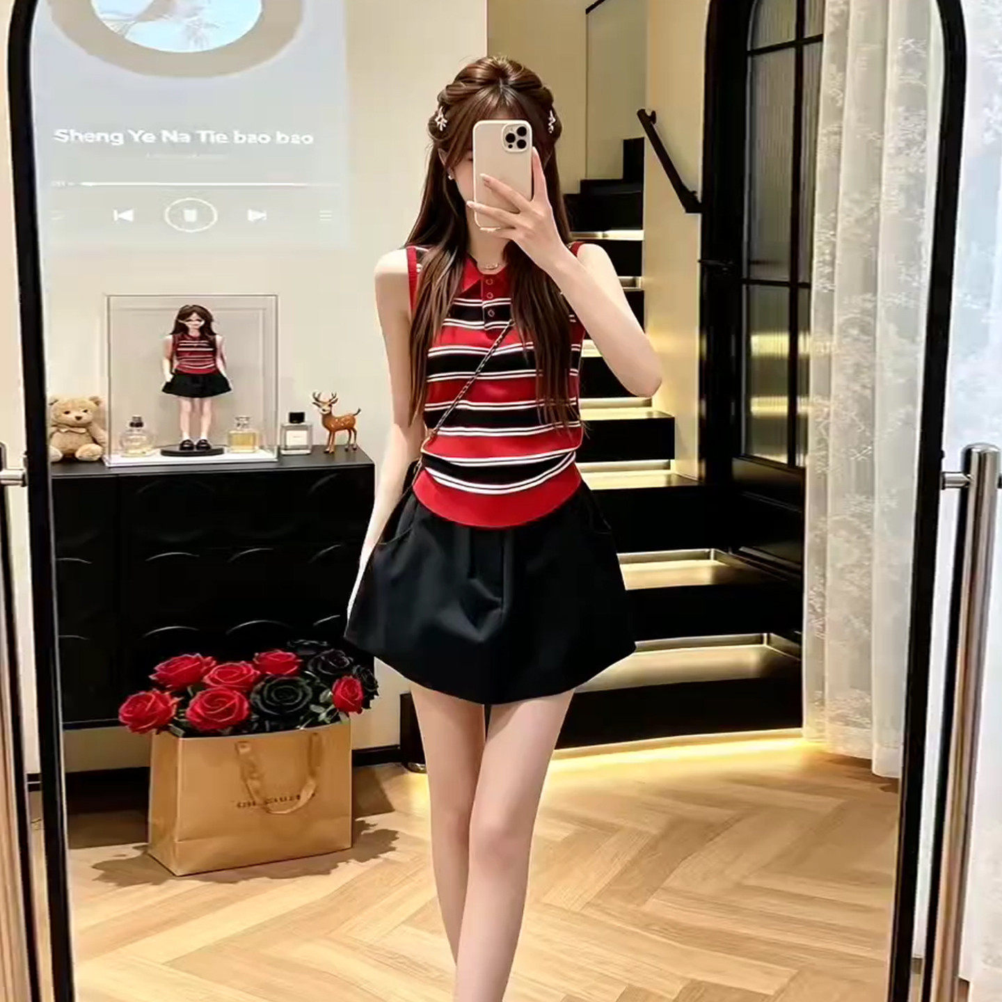 小个子无袖条纹连衣裙子女夏季2026新款今年流行爆款黑色短裙套装
