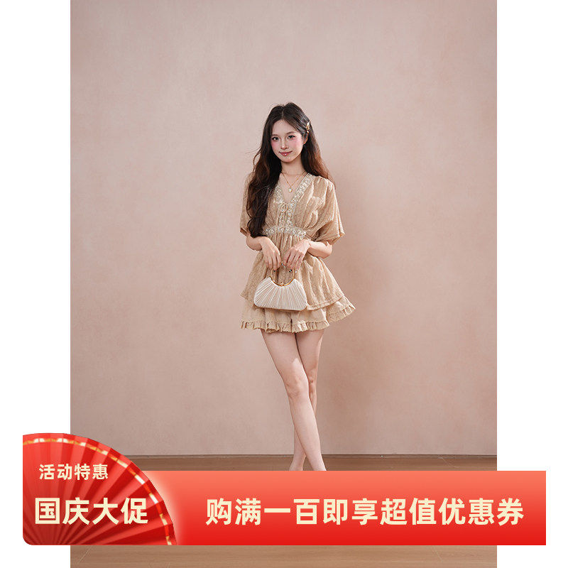 法式优雅气质蕾丝拼接V领系带上衣+半身短裙两件套小众设计感套装