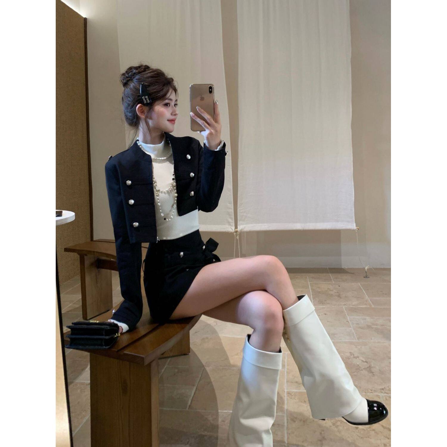 少女新款上市骑士韩版miu系千金设计感外套上衣结短裙三件套女