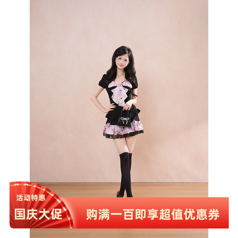 棉糖新款上市旧夏日系复古套装古早感碎花结上衣气质短裙两件套女