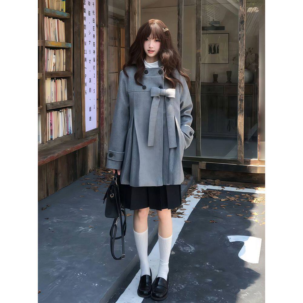 日系新款少女感蝴蝶结灰色毛呢外套+百褶校供感短裙两件套