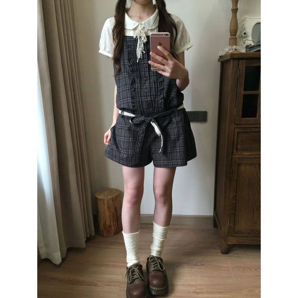 中古感vintage古着风套装夏季日系复古风短袖格子背带裤两件套女~