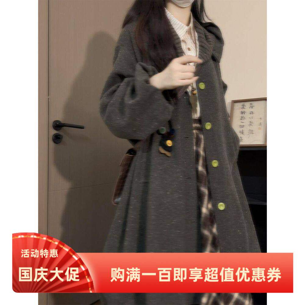 日系复古vintage设计感连帽花苞下摆中长款宽松毛呢大衣外套冬季
