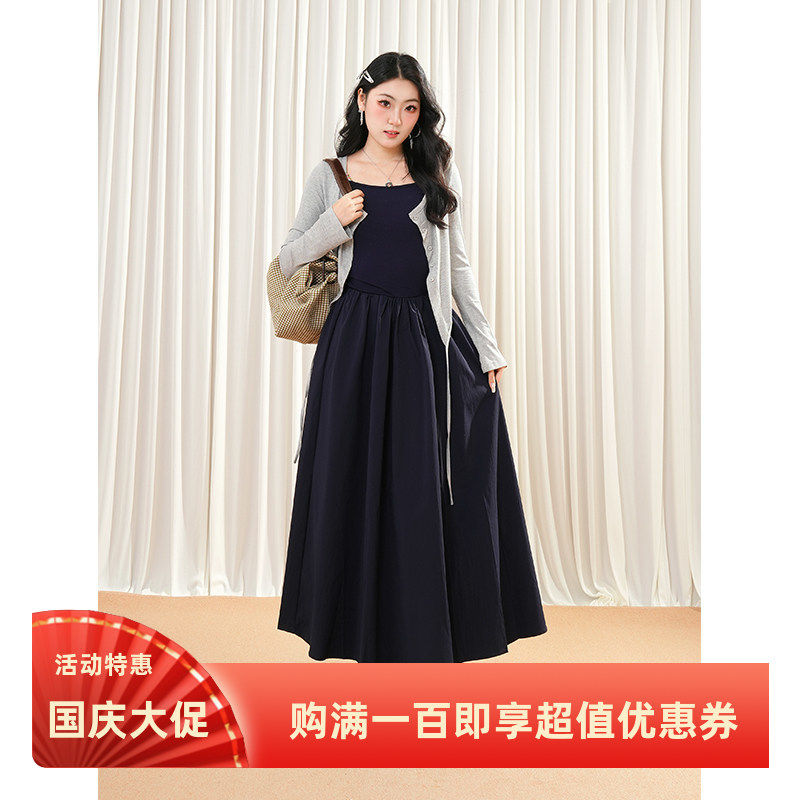 微风岛屿 韩系慵懒风绑带开衫收腰显瘦藏蓝色无袖背心连衣裙套装