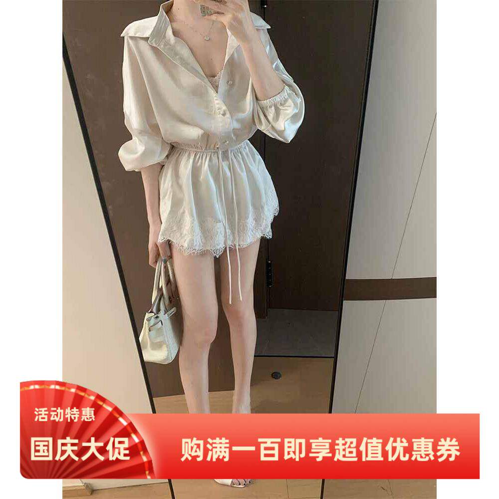 法式轻熟风衬衫连衣裙女缎面翻领灯笼袖收腰蕾丝两件短款套装