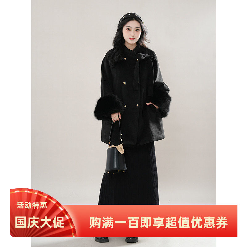 心动主旋律 冬季法式千金双排扣显瘦呢子斗篷大衣气质半身裙套装