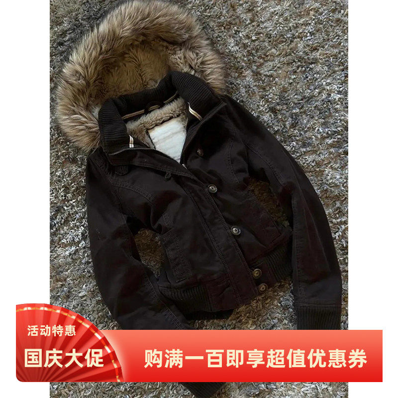复古棕色毛领连帽外套女秋冬
