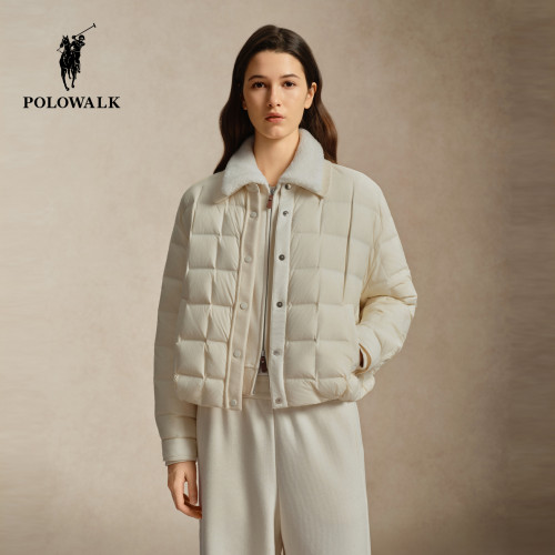【90鸭绒】POLOWALK女式羽绒服2026冬季方格衔缝翻领轻薄短外套