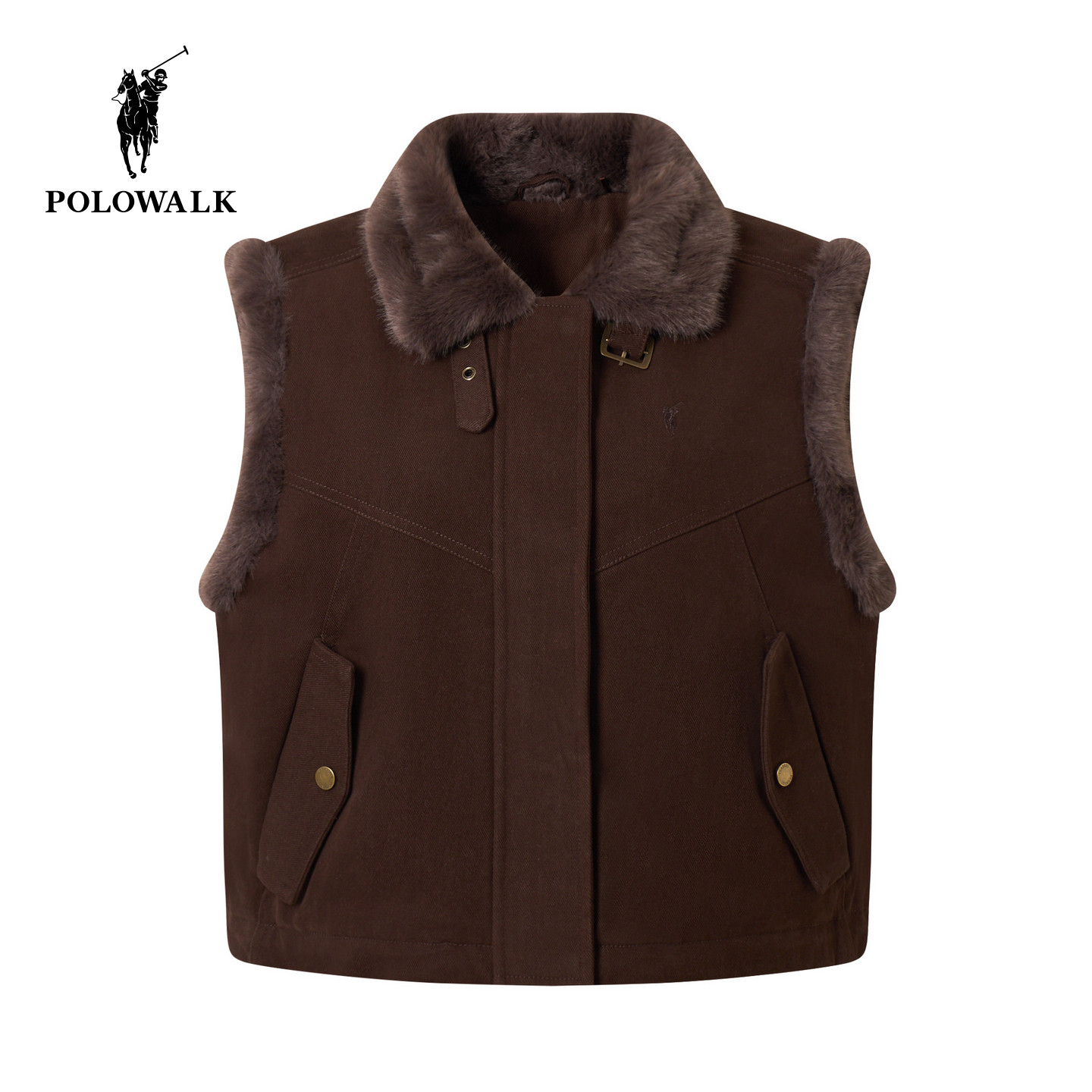 【100%棉】POLOWALK女式马夹2026冬季新品撞色毛领复古翻领背心