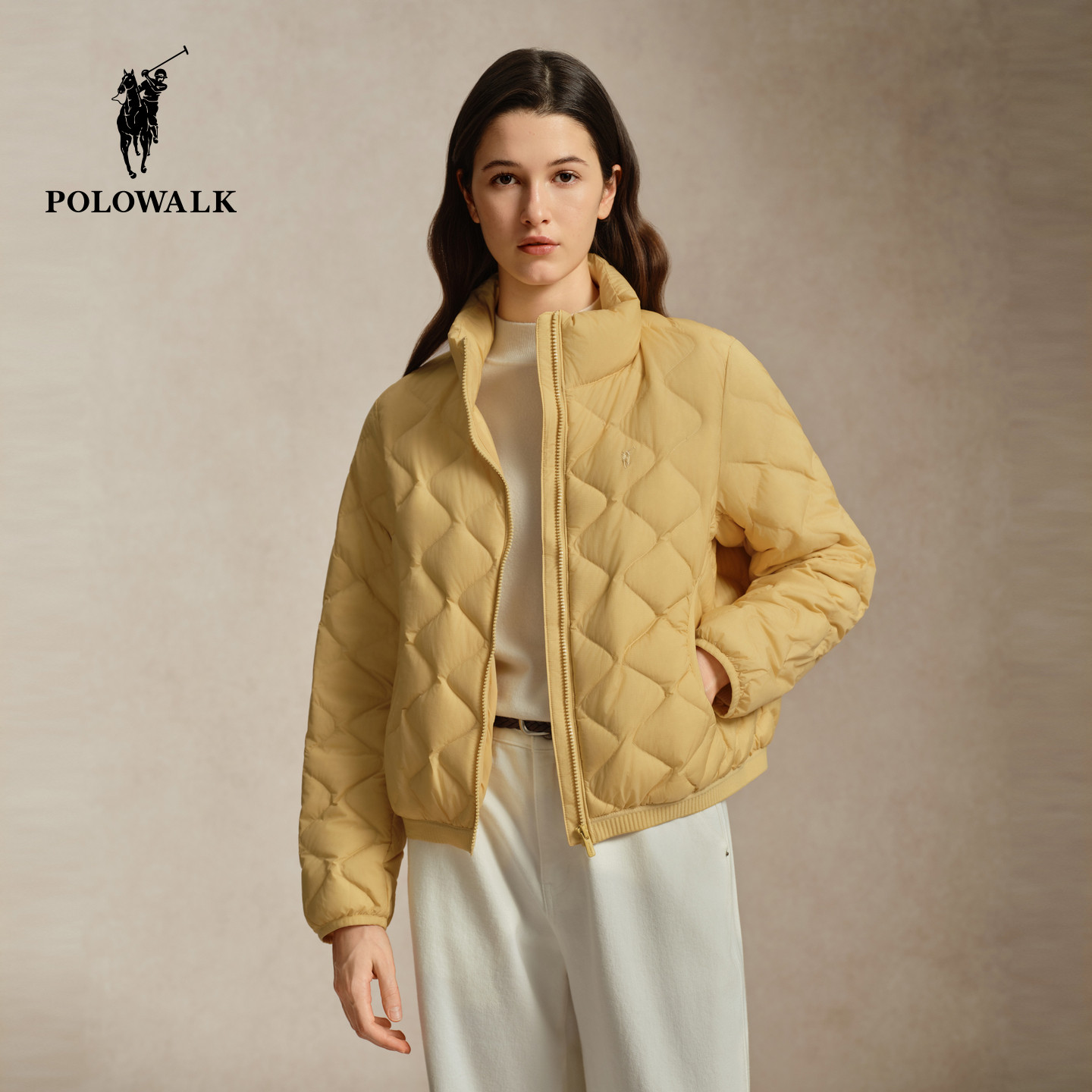 POLOWALK女式羽绒服2026冬季新品90鹅绒菱格衔缝立链轻薄短外套