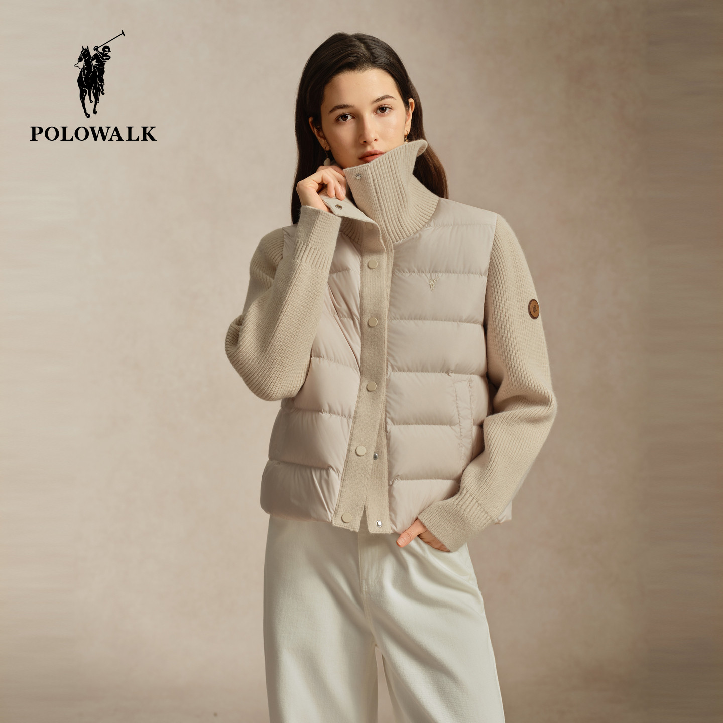 POLOWALK女式羽绒服2026冬季新品90鸭绒针织拼接翻领轻薄短外套