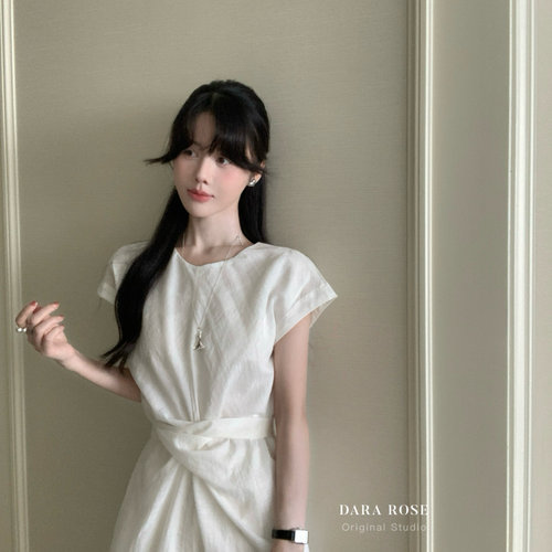DARA ROSE-气质交叉扭结棉麻短袖收腰气质高级感长裙连衣裙DR0865