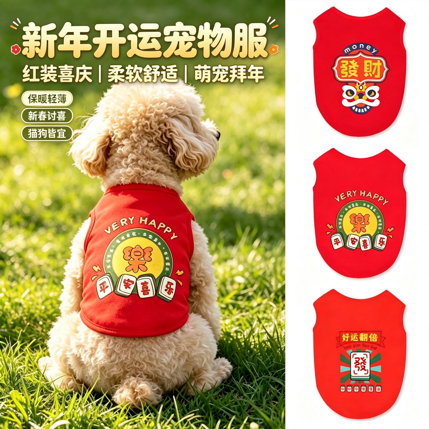 2027春节新年红色羊年宠物背心大中小型猫咪小狗狗衣服透气防掉毛