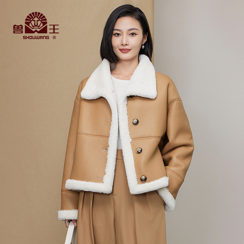 环保毛翻领皮毛一体加厚皮草外套