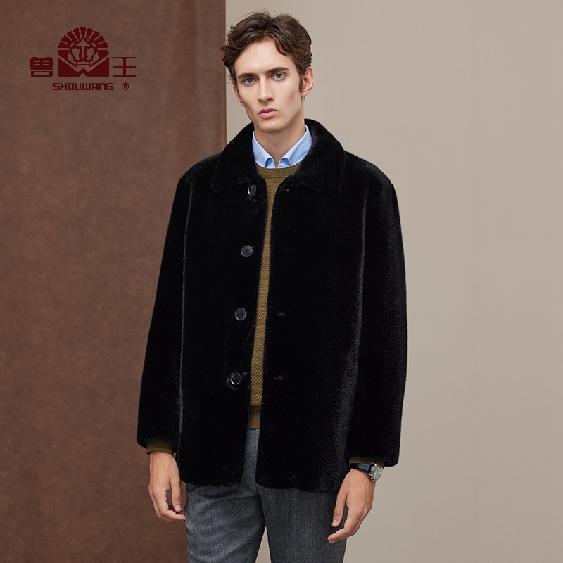 兽王金貂绒外套男秋冬新款翻领环保毛休闲中长款外套皮草大衣