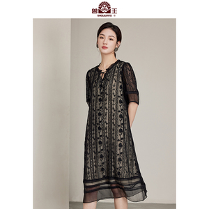 兽王春夏新款领口系带中长款桑蚕丝真丝连衣裙印花A字裙子