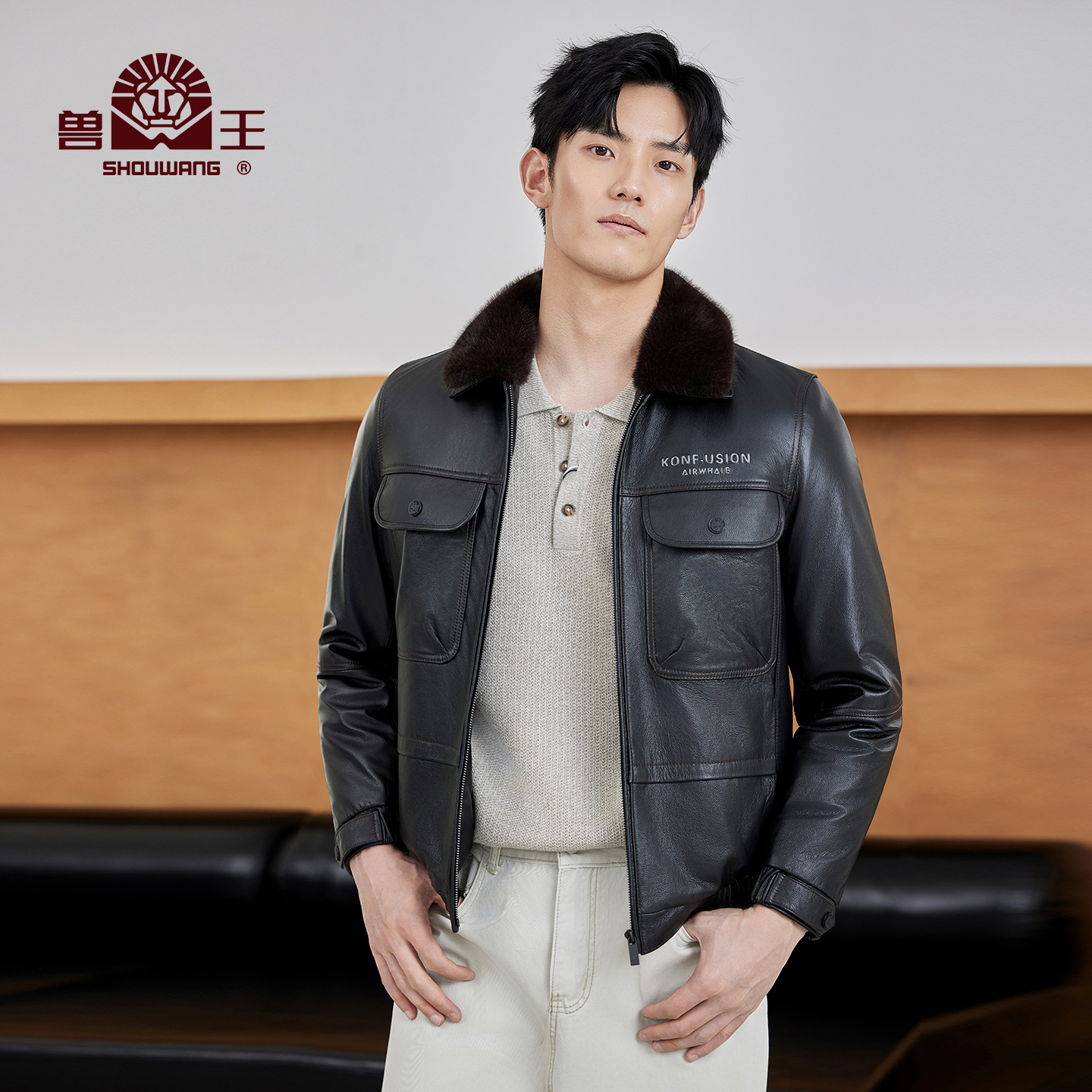 2025秋冬款男士牛皮翻领皮草