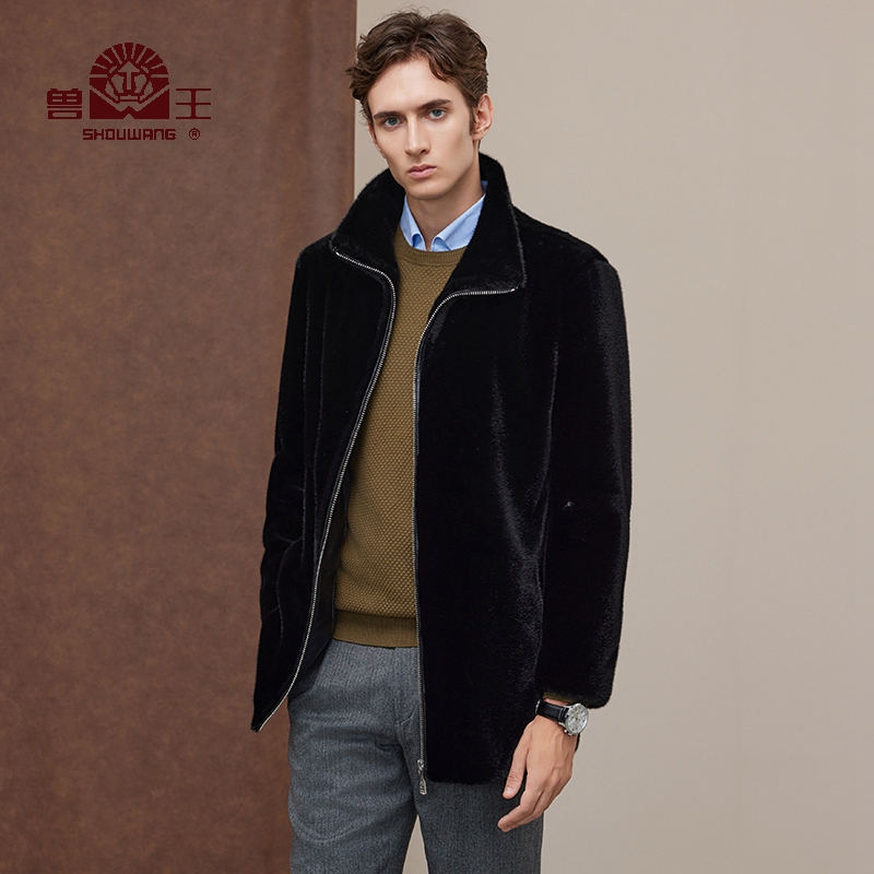 兽王金貂绒外套男秋冬新款立领中长款休闲外套皮草大衣爸爸装