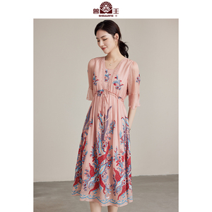兽王春夏桑蚕丝连衣裙女秋季新款重工刺绣温柔气质A字裙典雅