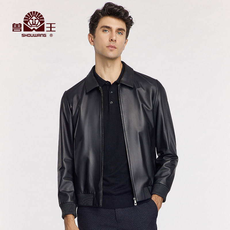 兽王 秋冬新款男士绵羊皮真皮皮衣商务休闲海宁翻领真皮皮夹克