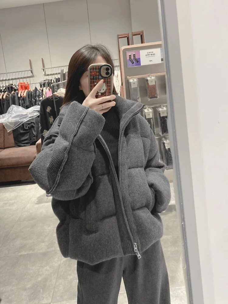美式灰色灯芯绒短款棉服外套女冬季新款小众高级感百搭面包服上衣