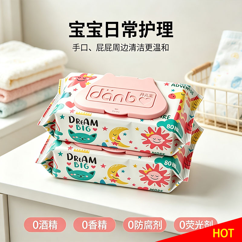 5包丹儿宝湿巾80抽超大包装EDI纯水配方温和亲肤母婴家用清洁湿巾