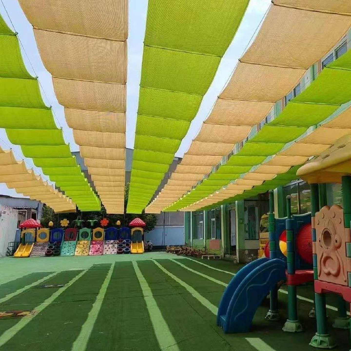 幼儿园电动波浪遮阳网户外花卉加密庭院泳池防嗮彩色天幕隔热室外