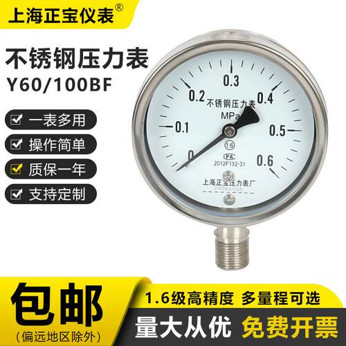 不锈钢高温压力表化工用仪表耐高温耐腐蚀防锈Y100BF