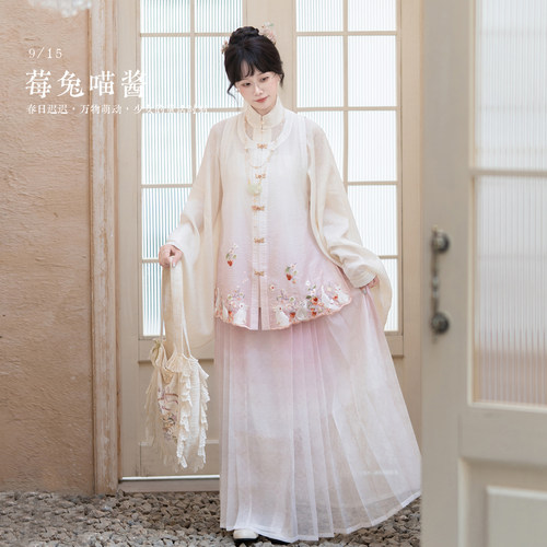 芷蘅间 莓兔喵酱 国风汉服少女风绣花比甲对襟琵琶袖一片式马面裙