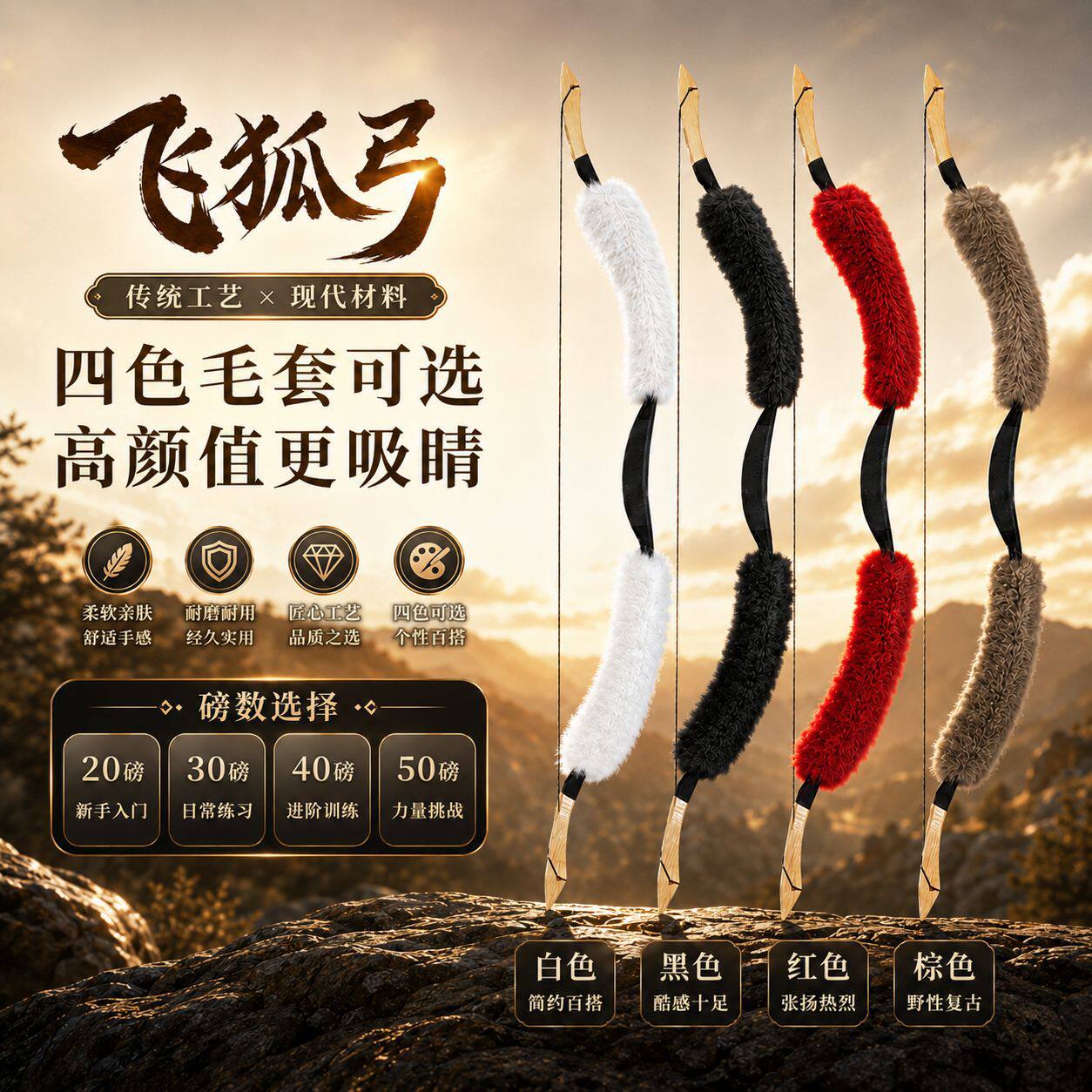 新款飞狐弓现代材料四色毛套可选古风造型高颜值更吸睛弓箭户外