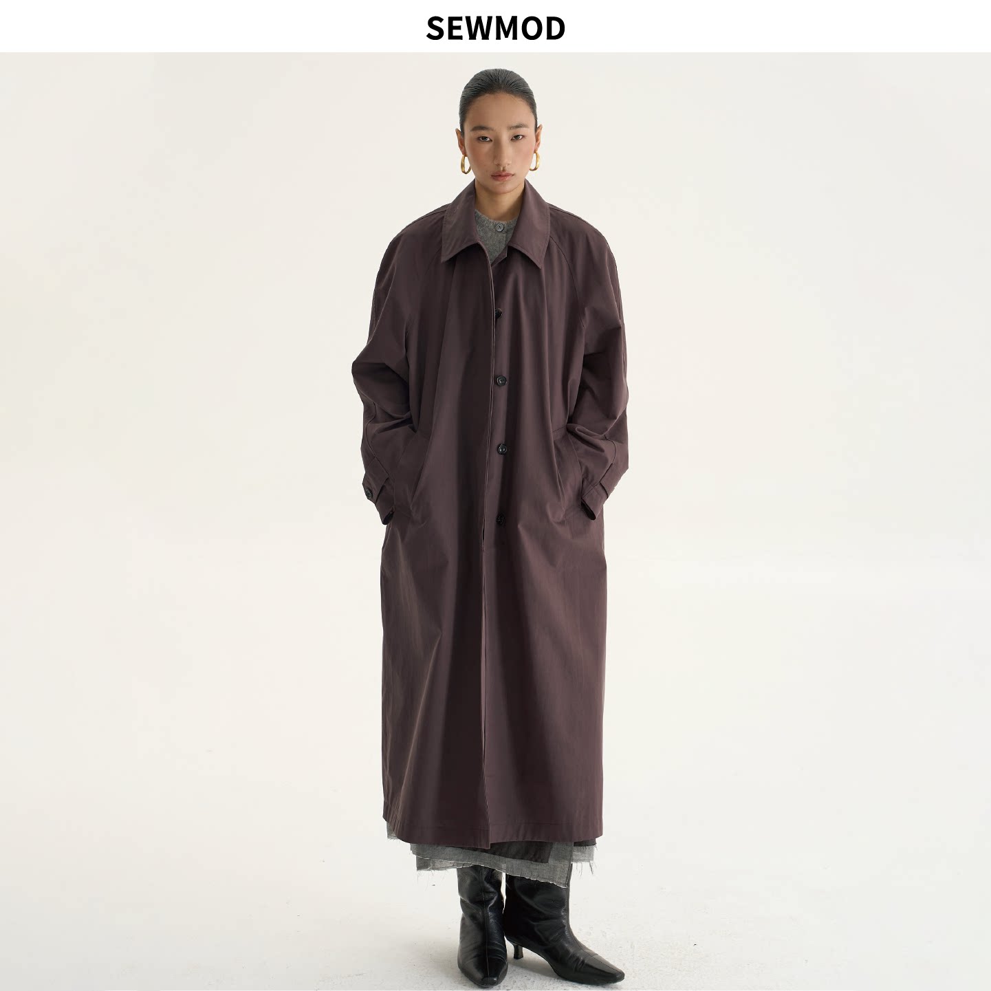 SEWMOD/绣墨26AW设计师长款风衣匹马棉秋冬老钱风极简斗篷外套女