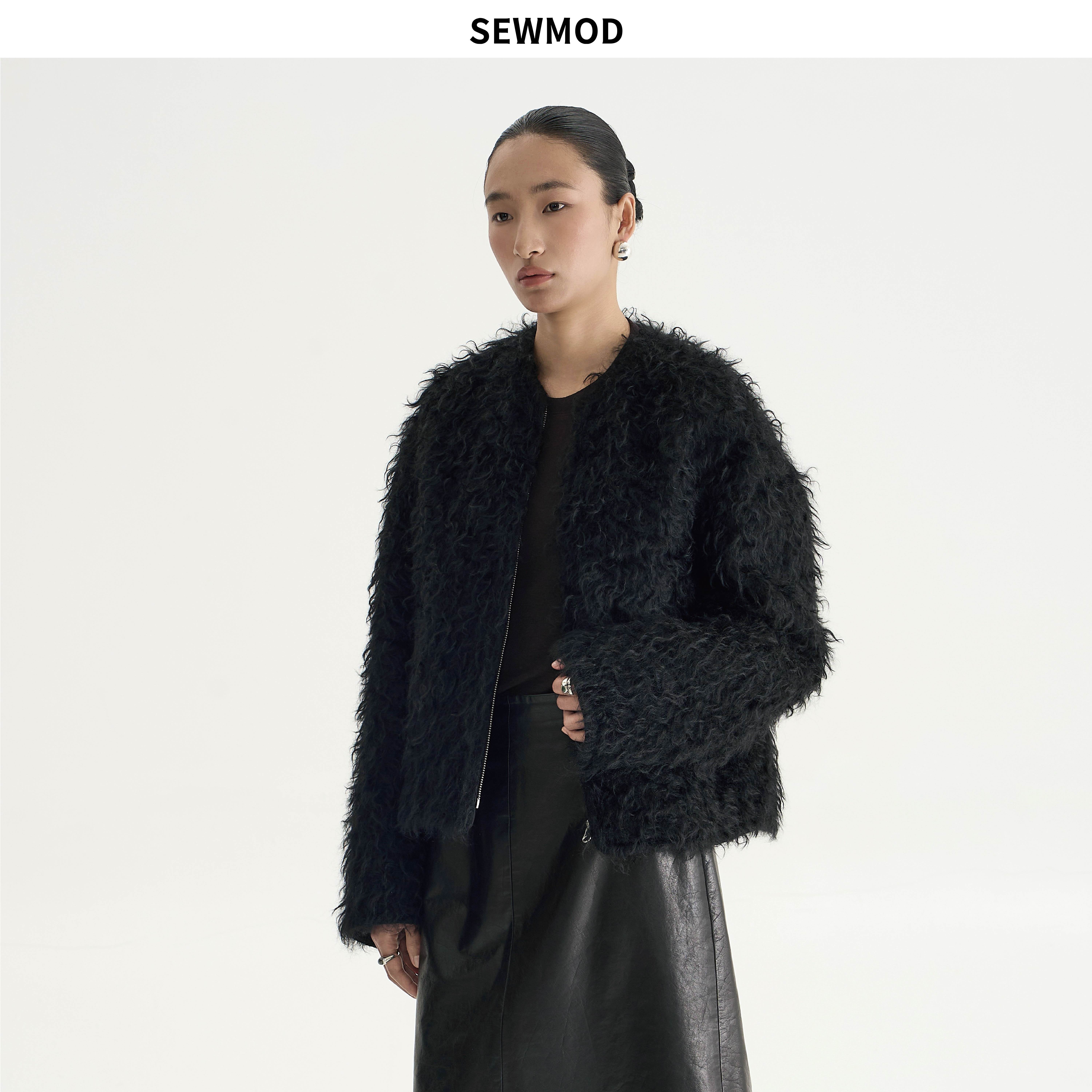 SEWMOD/绣墨马海毛羊毛黑色外套 卷毛短款 秋冬保暖外衣 SMW-033