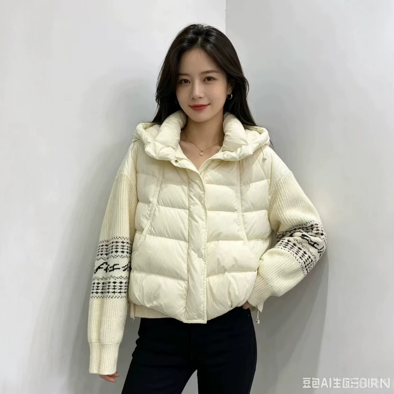 跨境秋冬新款羽绒服女装短款连帽保暖90白鸭绒针织袖潮牌个性外套