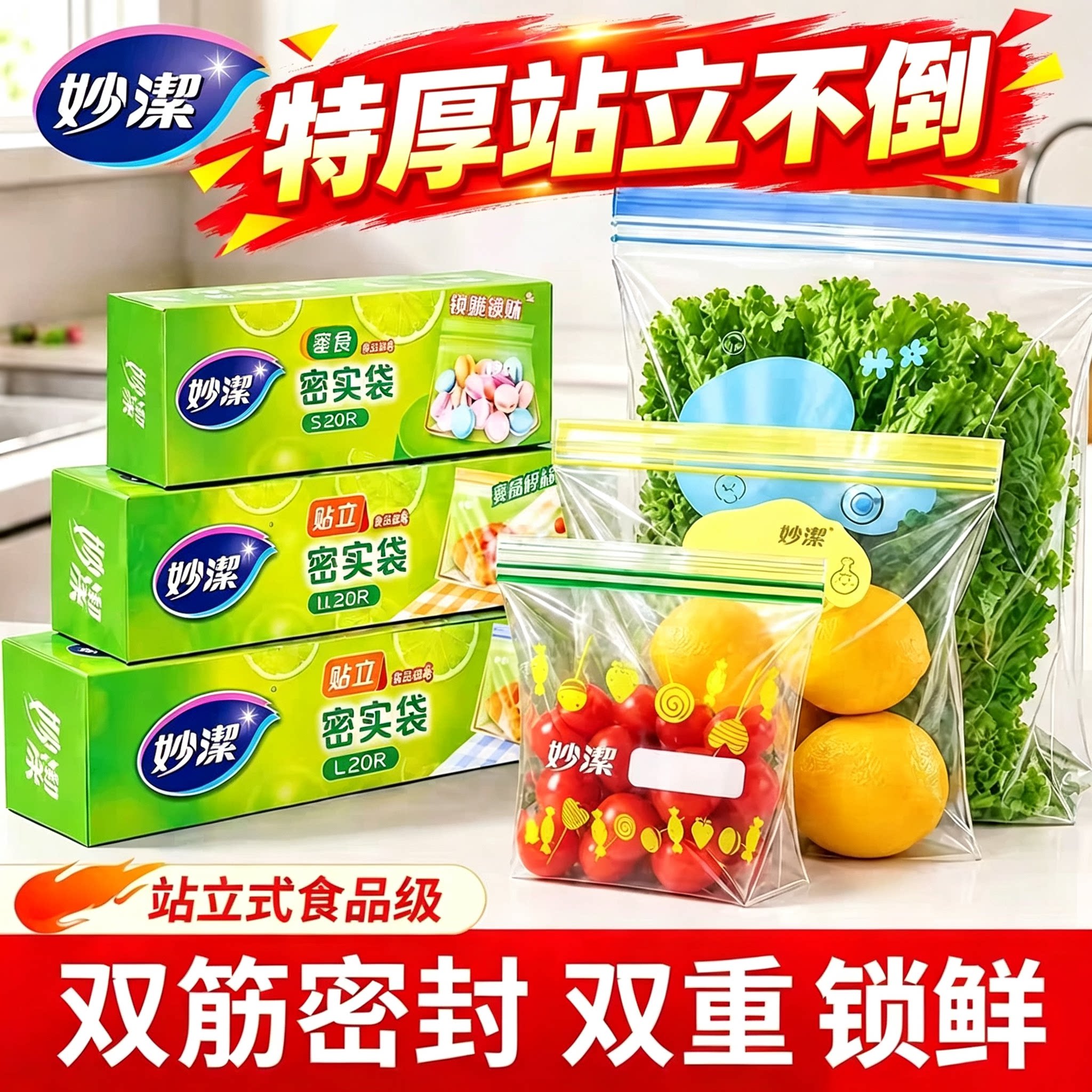妙洁可站立密实袋食品级厨房密封收纳袋冷冻食品分装口自封保鲜袋