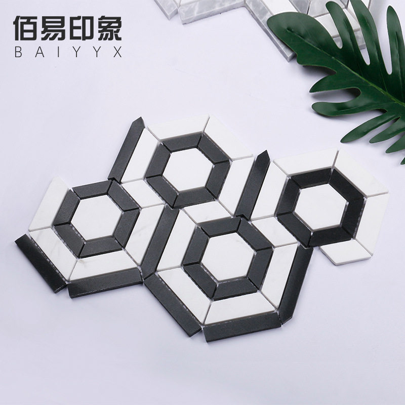 创意款水晶白六角形大理石马赛克瓷砖欧式现代厨房餐厅防滑地砖