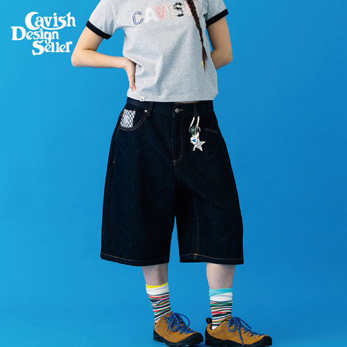 CAVISH 2026年夏季复古风女装宽松休闲直筒格纹贴布绣牛仔短裤