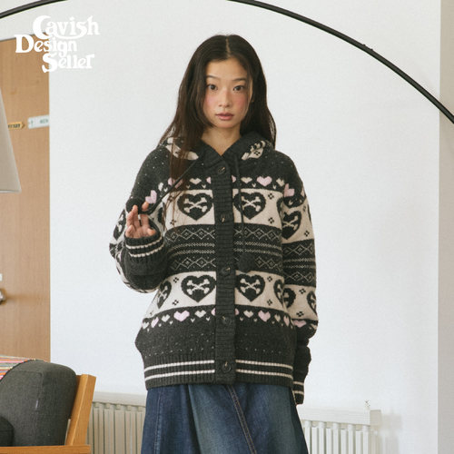 CAVISH26秋冬新品骷髅爱心提花针织开衫韩系休闲ins风长袖上衣女