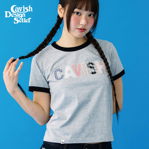CAVISH2026夏新款拼色贴布字母T恤女撞色领短款修身复古短袖上衣