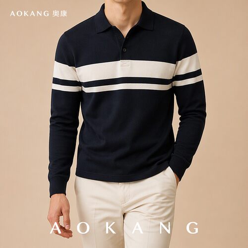 AOKANG奥康秋季圆领印花长袖POLO松弛感简约百搭潮流男士休闲上衣
