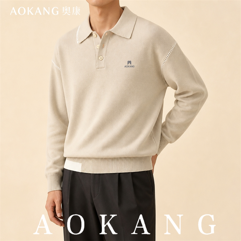 AOKANG奥康秋季圆领印花薄款针织POLO宽松百搭简约休闲男士上衣
