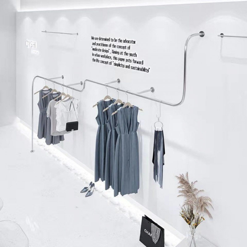 服装店展示架主播展示架上墙壁挂侧挂杆店陈列架货架不锈钢挂衣杆